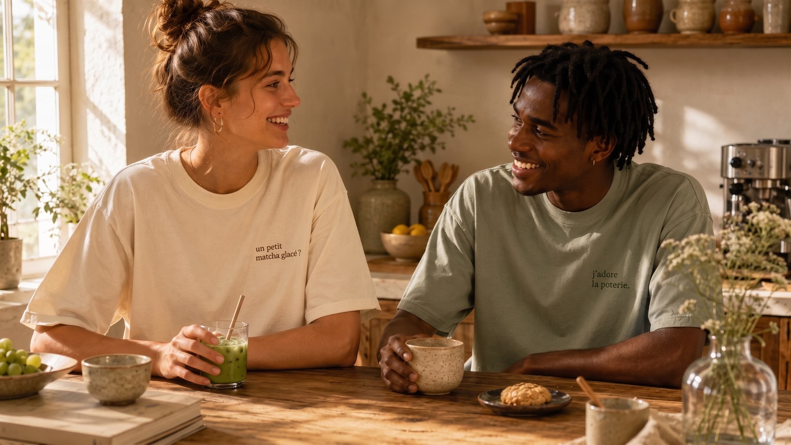 une femme et un homme attablés dans une cuisine, en t-shirts Selon Réjane brodés.