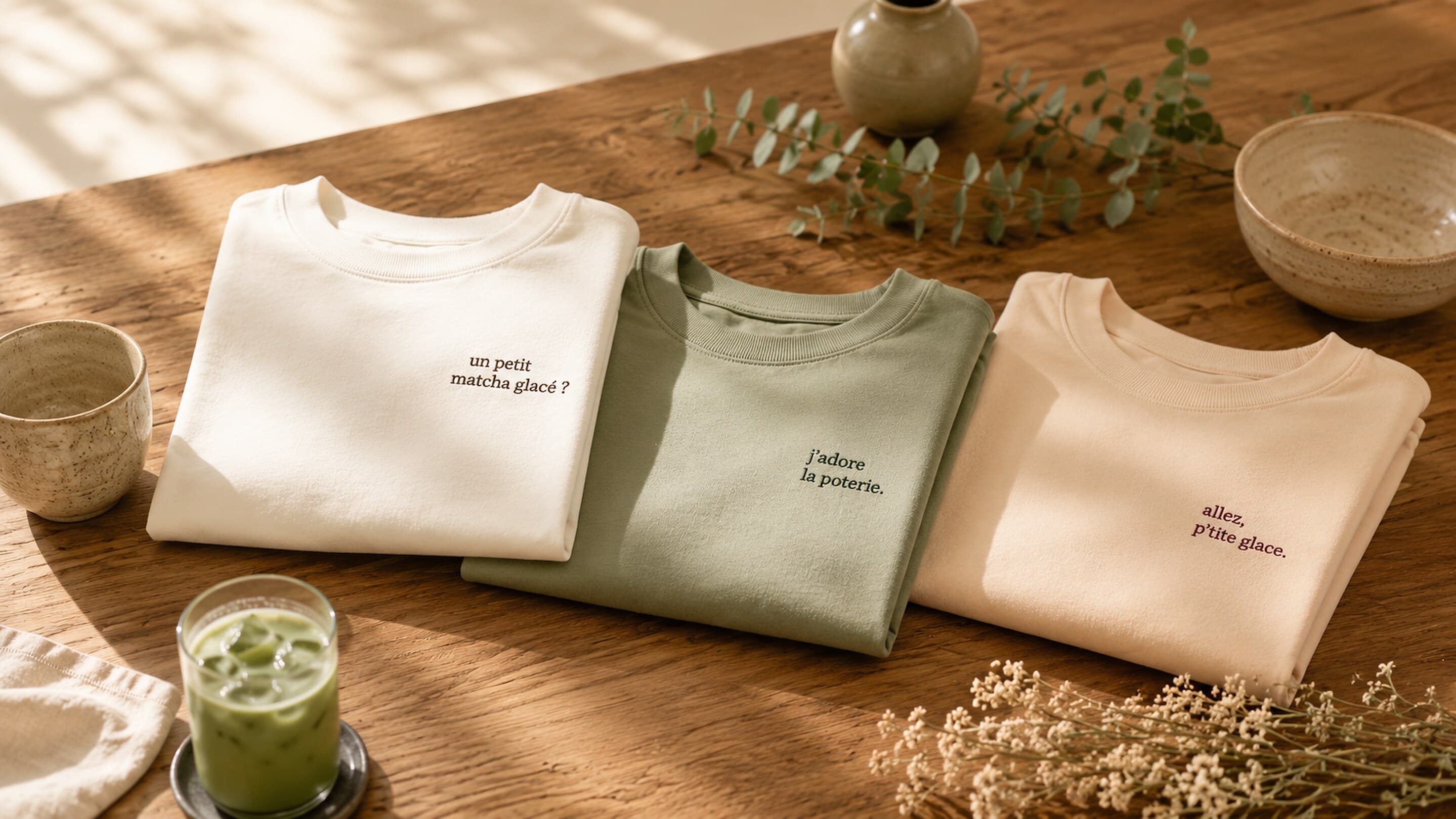 trois t-shirts Selon Réjane pliés sur une table en bois, un matcha glacé à côté.